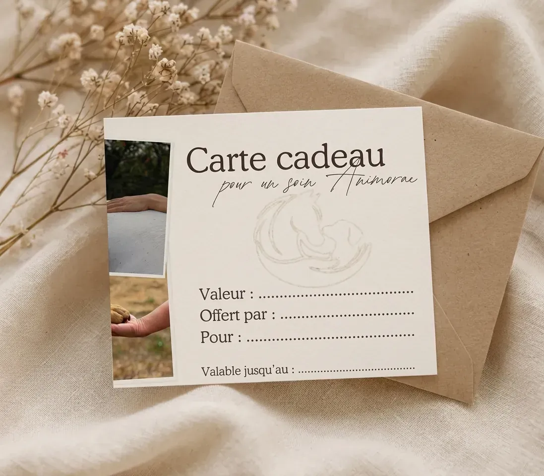 Cartes cadeaux Animorae : une carte posée contre une enveloppe., sur une nappe en lin beige.