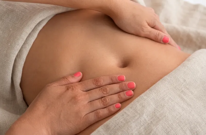 Massages et soins énergétiques - Mains de la praticienne réalisant un massage de drainage lymphatique du ventre.