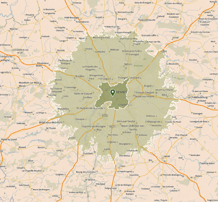 Coordonnées Animorae - Carte du périmètre d’intervention à frais kilométriques offerts, autour de Rennes.